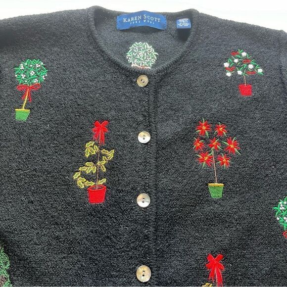 Karen Scott Women's Holiday Wool Cardigan Sweater Black/Green/Red Multi Small - Picture 5 of 8